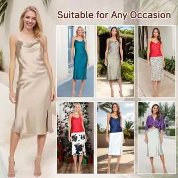 Women Solid High Waist Silky Casual Elastic Satin Midi Slit Skirt - Made in USA (Large, Beige)