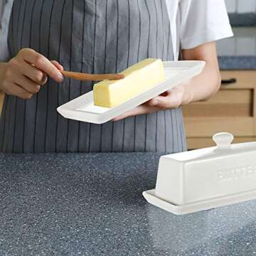 Butter Dish with Lid,WERTIOO Butter Dish With Lid for Countertop,7.6" x 3.3" Butter Tray,Butter Holder for 1 Stick.Textured Tray Butter Keeper for Non Slip Storage,Ceramic - White
