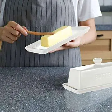 Butter Dish with Lid,WERTIOO Butter Dish With Lid for Countertop,7.6" x 3.3" Butter Tray,Butter Holder for 1 Stick.Textured Tray Butter Keeper for Non Slip Storage,Ceramic - White