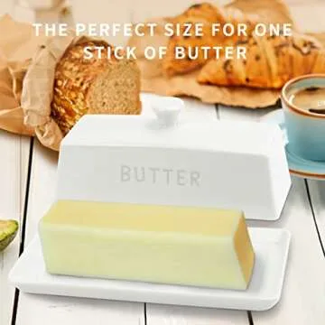 Butter Dish with Lid,WERTIOO Butter Dish With Lid for Countertop,7.6" x 3.3" Butter Tray,Butter Holder for 1 Stick.Textured Tray Butter Keeper for Non Slip Storage,Ceramic - White