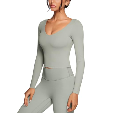 INGIA Women's V-Neck Long Sleeve Workout Crop Tops | Slim Fit Padded Athletic Shirt