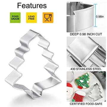 6Pcs Christmas Cookie Cutter Set Stainless Steel with Gingerbread Men,Christmas Tree,Snowflake, Candy Cane,Santa Face and Reindeer Face with Decorating Instructions