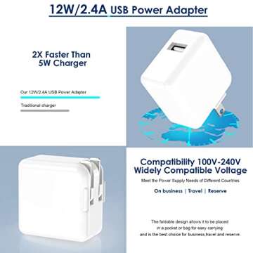 iPad Charger, iPhone Charger iPad Cord Fast Charging 12W USB Wall Charger Foldable Portable Travel Plug with 6.6FT Lightning iPad Cable Compatible with iPhone, iPad, iPad Mini 1/2/3/4/5,iPad Air 1/2/3