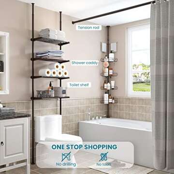 ALLZONE Corner Shower Caddy Tension Pole, 4-Tier Adjustable Shower Shelves, Rustproof Bathroom Showe...