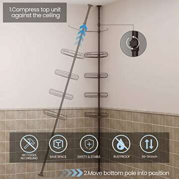 ALLZONE Corner Shower Caddy Tension Pole, 4-Tier Adjustable Shower Shelves, Rustproof Bathroom Shower Organizer Corner and Shower Racks for Inside Shower Storage,56 to 113 Inch Height, Oil Bronze