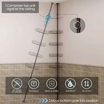 ALLZONE Corner Shower Caddy Tension Pole, 4-Tier Adjustable Shower Shelves, Rustproof Bathroom Shower Organizer Corner and Shower Racks for Inside Shower Storage,56 to 113 Inch Height, Oil Bronze
