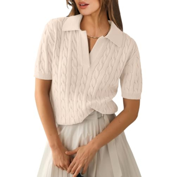 ANRABESS Women's Short Sleeve Sweaters Tops Polo V Neck Cable Knit Casual Soft Pullover Shirts for 2...