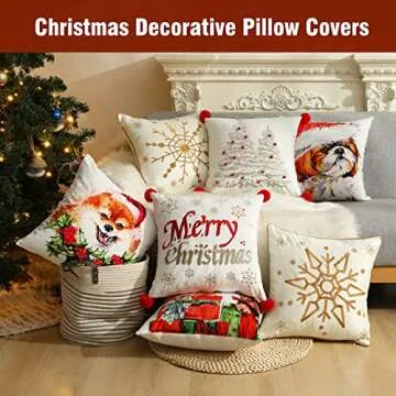 Lanieney Decorative Throw Pillow Covers 18x18 Set of 2 Farmhouse Velvet Embroidery Tree Cushion Cover with Pom Poms Holiday Pillowcase for Livingroom Sofa Couch