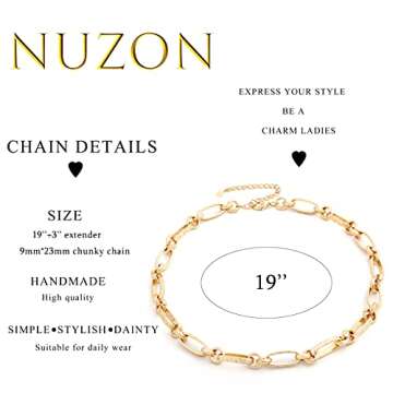 NUZON Gold Chunky Chain Necklace for Women 18K Gold Plated Thick Paperclip Link Choker Necklace Layering Statement Jewelry 19''