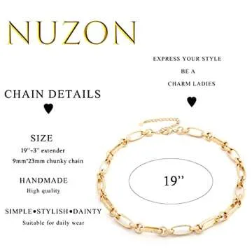 NUZON Gold Chunky Chain Necklace for Women 18K Gold Plated Thick Paperclip Link Choker Necklace Layering Statement Jewelry 19''