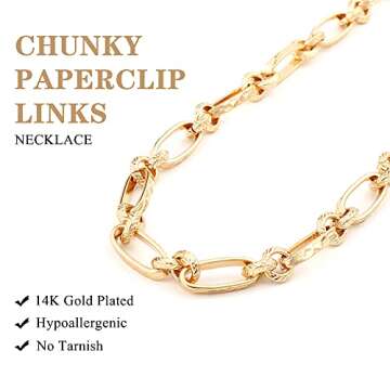 NUZON Gold Chunky Chain Necklace for Women 18K Gold Plated Thick Paperclip Link Choker Necklace Layering Statement Jewelry 19''