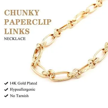 NUZON Gold Chunky Chain Necklace for Women 18K Gold Plated Thick Paperclip Link Choker Necklace Layering Statement Jewelry 19''