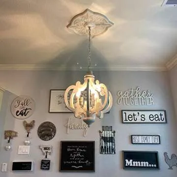 Farmhouse Wood Chandelier, 6-Lights Dining Room Light Fixtures Over Table, White Chandelier Light Fixture, Rustic Chandelier for Kitchen Island, Hallway, Foyer