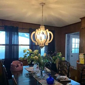 Farmhouse Wood Chandelier, 6-Lights Dining Room Light Fixtures Over Table, White Chandelier Light Fixture, Rustic Chandelier for Kitchen Island, Hallway, Foyer