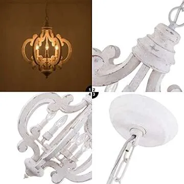 Farmhouse Wood Chandelier, 6-Lights Dining Room Light Fixtures Over Table, White Chandelier Light Fixture, Rustic Chandelier for Kitchen Island, Hallway, Foyer