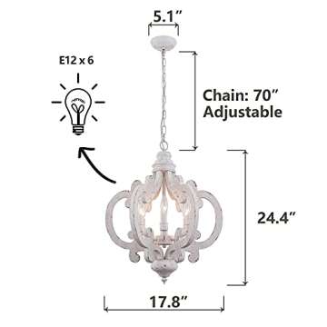 Farmhouse Wood Chandelier, 6-Lights Dining Room Light Fixtures Over Table, White Chandelier Light Fixture, Rustic Chandelier for Kitchen Island, Hallway, Foyer