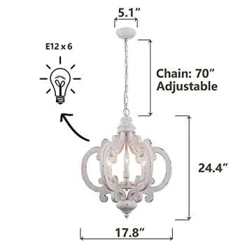 Farmhouse Wood Chandelier, 6-Lights Dining Room Light Fixtures Over Table, White Chandelier Light Fixture, Rustic Chandelier for Kitchen Island, Hallway, Foyer