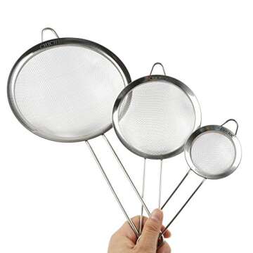 CHICHIC Set of 3 Stainless Steel Kitchen Fine Strainers Tea Fine Y Mesh Strainers Juice Egg Filter 3 Sieve Colander Sets Wire Filter Mesh for Tea Coffee Food Rice Vegetable with Handle
