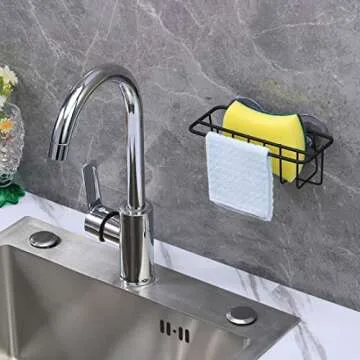 TESOT Sink Caddy Sponge Holder for Kitchen Sink Dish Cloth Hanger 2 Suspension Options(Suction Cups and Adhesive Hook), SUS304 Stainless Steel, Black