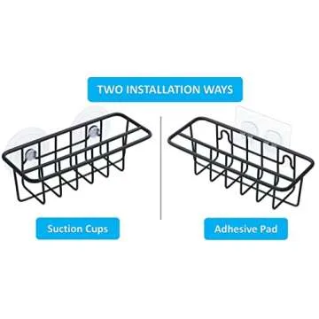 TESOT Sink Caddy Sponge Holder for Kitchen Sink Dish Cloth Hanger 2 Suspension Options(Suction Cups and Adhesive Hook), SUS304 Stainless Steel, Black