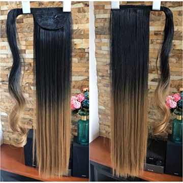 Straight Wrap around Ponytail Black blonde Ombre Hair Extensions 22inches Long Hairpiece for Women G...