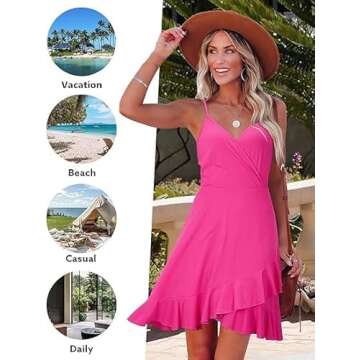 ULTRANICE Summer Pink Dress Womens Spring 2025 Trendy Casual Wrap Flowy V-Neck Adjustable Spaghetti Girls Ladies Outfits Clothes Wedding Guest Semi Formal Date Party Midi Sun Dresses(Rose,S)