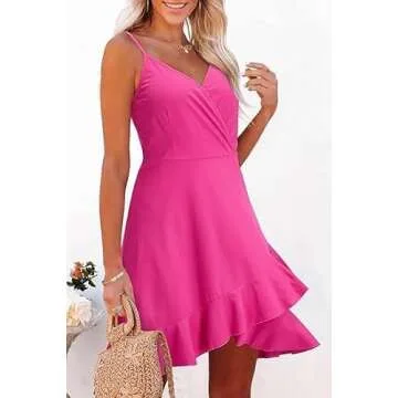 ULTRANICE Summer Pink Dress Womens Spring 2025 Trendy Casual Wrap Flowy V-Neck Adjustable Spaghetti Girls Ladies Outfits Clothes Wedding Guest Semi Formal Date Party Midi Sun Dresses(Rose,S)