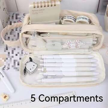 Big Capacity Pencil Case 5 Compartments Large Pencil Pouch Pen Bag Pencil Box Holder Organizer Simple Storage Aesthetic Stationery Cosmetic for Adults Men Women College Office Essentials (White)