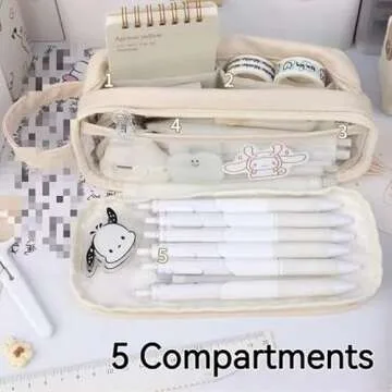 Big Capacity Pencil Case 5 Compartments Large Pencil Pouch Pen Bag Pencil Box Holder Organizer Simple Storage Aesthetic Stationery Cosmetic for Adults Men Women College Office Essentials (White)