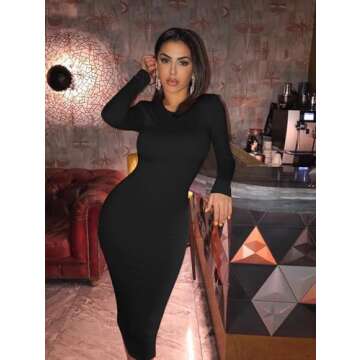 XXTAXN Women's Sexy Bodycon Long Sleeve Round Neck Work Office Midi Pencil Dress