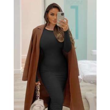 XXTAXN Women's Sexy Bodycon Long Sleeve Round Neck Work Office Midi Pencil Dress