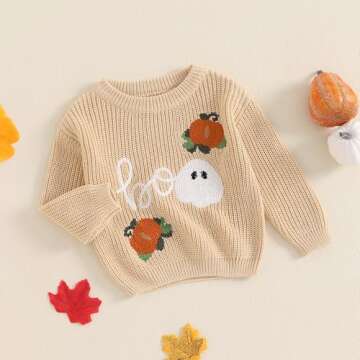 MAYUMMPY Toddler Baby Boy Girl Halloween Sweater Pumpkin Warm Pullover Sweatshirt Knitwear Knitted Fall Winter Clothes (Pumpkin Boo Beige Yellow, 0-3 Months)
