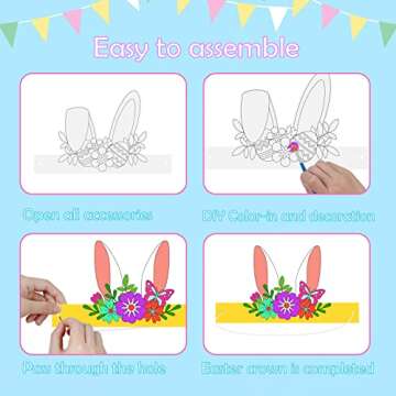 LETRAN 24 Pack Easter Craft Kits for Kids Easter Bunny Ears Headband for Crafts Color Your Own Bunny Crown DIY Easter Art and Crafts for School Class Activities for Kids Party Favors