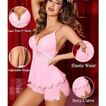 Avidlove Pajamas Soft Lace Women's Sleeveless Lingerie Set Sleepwear Shorts Shirt PJ Set Pink M