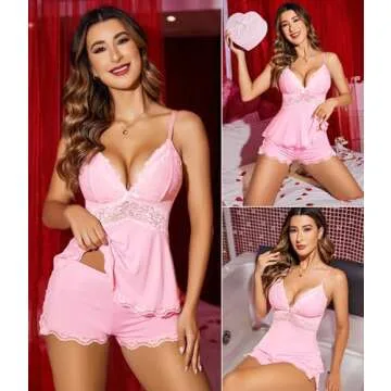 Avidlove Pajamas Soft Lace Women's Sleeveless Lingerie Set Sleepwear Shorts Shirt PJ Set Pink M