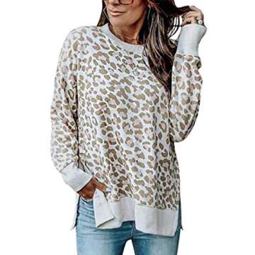 Angashion Women's Sweatshirts - Casual Leopard Print Crewneck Long Sleeve Oversized Pullover Tunic T Shirts Tops Beige M
