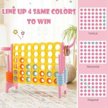 KOTEK Giant 4-in-a-Row Game, Jumbo 4-to-Score Family Game w/Quick-Release Sliders, 42 Rings, Ring Toss & Basketball Hoop, Connect Yard Game Outdoor for Kids & Adults (without Carrying Bag, Pink)