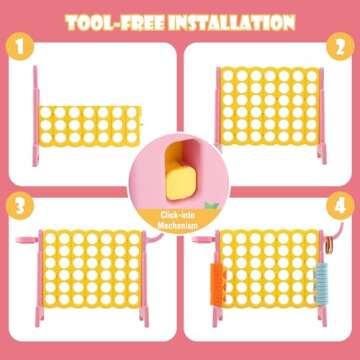 KOTEK Giant 4-in-a-Row Game, Jumbo 4-to-Score Family Game w/Quick-Release Sliders, 42 Rings, Ring Toss & Basketball Hoop, Connect Yard Game Outdoor for Kids & Adults (without Carrying Bag, Pink)