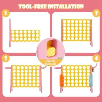 KOTEK Giant 4-in-a-Row Game, Jumbo 4-to-Score Family Game w/Quick-Release Sliders, 42 Rings, Ring Toss & Basketball Hoop, Connect Yard Game Outdoor for Kids & Adults (without Carrying Bag, Pink)