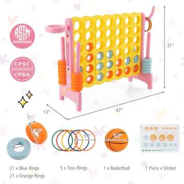 KOTEK Giant 4-in-a-Row Game, Jumbo 4-to-Score Family Game w/Quick-Release Sliders, 42 Rings, Ring Toss & Basketball Hoop, Connect Yard Game Outdoor for Kids & Adults (without Carrying Bag, Pink)