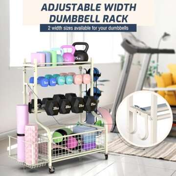 PLKOW Dumbbell Rack, Weight Rack for Dumbbells, Home Gym Storage for Dumbbells Kettlebells Yoga Mat and Balls, Multifunctional Workout Storage with Wheels and Hooks, Powder Coated Finish Steel