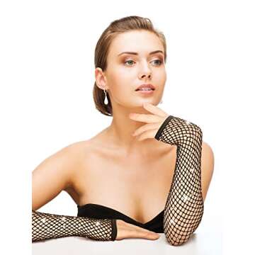 Bencailor 4 Pairs Long Rhinestone Fingerless Fishnet Gloves Steampunk Fish Net Arm Sleeve 80s Costum...