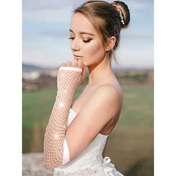 Bencailor 4 Pairs Long Rhinestone Fingerless Fishnet Gloves Steampunk Fish Net Arm Sleeve 80s Costume Halloween for Women