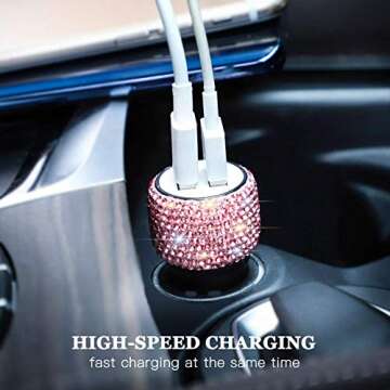 Dual USB Car Charger,SAVORI Car Adapter Bling Bling Rhinestones Crystal Car Decorations for Fast Charging Car Decors for iPhone Xs Max X Plus, iPad Pro/Mini, Samsung