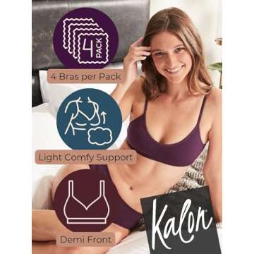 Kalon Women’s 4 Pack Demi Padded Bralette - Comfortably Chic for Busty Women