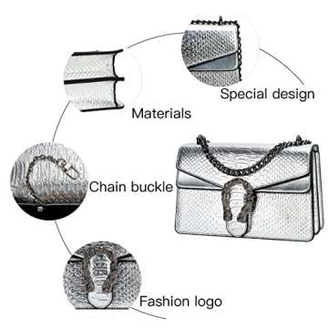 DEEPMEOW Crossbody Shoulder Evening Bag for Women - Snake Printed Leather Messenger Bag Chain Strap Clutch Small Square Satchel Purse（Silver）