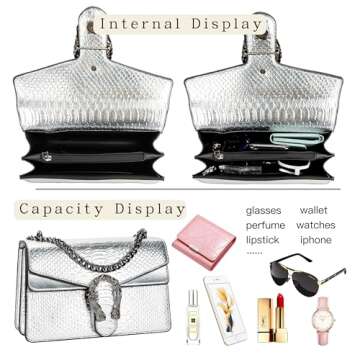 DEEPMEOW Crossbody Shoulder Evening Bag for Women - Snake Printed Leather Messenger Bag Chain Strap Clutch Small Square Satchel Purse（Silver）