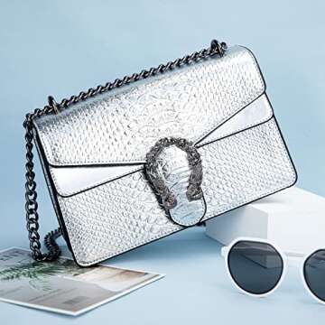 DEEPMEOW Crossbody Shoulder Evening Bag for Women - Snake Printed Leather Messenger Bag Chain Strap Clutch Small Square Satchel Purse（Silver）