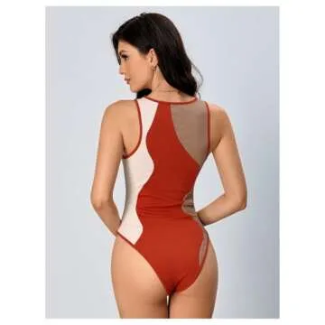 Verdusa Women's Color Block Sleeveless Scoop Neck Tank Bodysuit Top - Orange Beige S