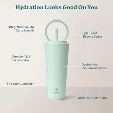 REDUCE Halo 32 oz Stainless Steel Vacuum Insulated Tumbler - Spill Proof Travel Mug with Flip Handle Lid - Keeps Drinks Cold for 32 Hrs - Dishwasher Safe - Cupholder Friendly - Sea Glass